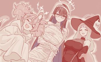 3girls alternate_costume ayumu_(blue_archive) bandages bare_shoulders black_hair blonde_hair blue_archive blush breasts closed_eyes closed_mouth detached_sleeves fight_yoghurt forehead forehead_jewel glasses hair_between_eyes halo hat large_breasts long_hair looking_at_viewer momoka_(blue_archive) multiple_girls naked_bandage open_mouth pink_hair pink_theme pointy_ears rin_(blue_archive) see-through_cleavage see-through_clothes short_twintails sidelocks sleeves_past_fingers sleeves_past_wrists sweat twintails witch_hat