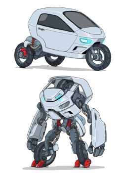 blue_eyes gatling_santouhei highres motor_vehicle no_humans original robot shadow solo standing three-wheeler transformer tuk-tuk white_background