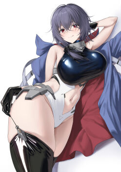 1girl arm_up azur_lane bare_shoulders black_gloves black_shirt black_thighhighs blue_coat blush breasts closed_mouth clothing_cutout coat commentary crossed_bangs garter_straps gloves groin hair_between_eyes highres large_breasts leotard long_hair looking_at_viewer lying multicolored_coat navel navel_cutout ochiaki on_side pittsburgh_(azur_lane) purple_hair red_coat red_eyes shadow shirt sidelocks simple_background skindentation sleeveless sleeveless_shirt smile solo strap_pull taut_clothes thighhighs tongue tongue_out two-tone_coat unworn_coat white_background white_leotard