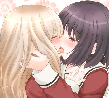 2girls black_hair blonde_hair closed_eyes couple french_kiss highres kawamura_reo kiss kurosawa_karura long_hair medium_hair multiple_girls purple_eyes sawaguchi_mai school_uniform simple_background sono_hanabira_ni_kuchizuke_wo st._michael&#039;s_school_uniform yuri