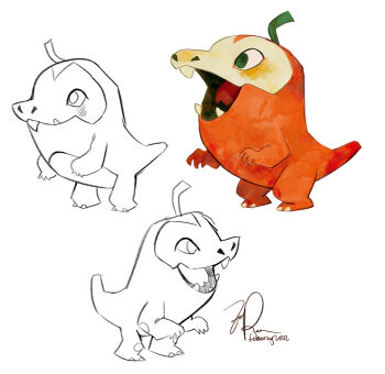 buck_teeth chili_pepper colored_skin commentary english_commentary fuecoco green_eyes lizard nintendo no_humans pokemon pokemon_(creature) pokemon_sv red_skin signature sketch solo teeth white_background zoepersicoart