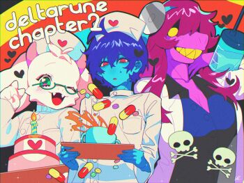 1boy 1girl 1other :o ;d aegyo_sal antenna_hair aqua_background black_background black_shirt blue_hair blue_hairband blue_skin breasts buttons cake candle chromatic_aberration cleavage coat coffee collared_shirt colored_skin colored_teeth commentary_request copyright_name cup deltarune fangs film_grain fingernails food freckles furry furry_female furry_male goat_boy green_eyes grin hair_over_one_eye hairband hand_up hat heart highres holding holding_syringe holding_tray horns jacket kris_(dark_world)_(deltarune) kris_(deltarune) kris_(takecare)_(deltarune) lapels large_breasts large_syringe long_hair long_sleeves no_nose no_pupils nurse_cap one_eye_closed open_clothes open_coat open_mouth orange_background oversized_object partially_unbuttoned pill pink_hair pink_horns pink_skin pocket ralsei ralsei_(takecare) red_eyes reptile_girl saturated se_(hanahide) sharp_teeth shirt short_hair side-by-side simple_background skull smile sparkle susie_(dark_world)_(deltarune) susie_(deltarune) susie_(takecare)_(deltarune) sweatdrop syringe teeth tongue tray turtleneck turtleneck_jacket upper_body utdr_(toby_fox) v white_coat white_fur white_hat white_jacket yellow_background yellow_eyes yellow_teeth