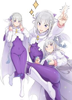 Rule 34 | 1girl, ^^^, arm up, ass, blunt bangs, bodysuit, boots, braid, brass knuckles, breasts, cloak, closed mouth, commentary, corrupted twitter file, crown braid, elf, emilia (re:zero), english commentary, flower, from below, full body, grey hair, hair flower, hair ornament, hair ribbon, hand on own hip, highres, long hair, long sleeves, looking at viewer, looking down, medium breasts, multiple views, open mouth, pointing, pointy ears, puff of air, purple bodysuit, purple eyes, purple ribbon, re:zero kara hajimeru isekai seikatsu, ribbon, rose, shrug (clothing), sidelocks, simple background, skin tight, smile, sparkle, standing, standing on one leg, thigh gap, v-shaped eyebrows, very long hair, weapon, white background, white boots, white cloak, white flower, white rose, zerobarto