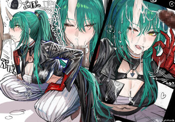 1boy 1girl absurdres arknights black_jacket breasts censored cleavage closed_eyes commentary_request crop_top cum cum_in_mouth cum_string doctor_(arknights) fellatio gloves green_hair hetero highres horns hoshiguma_(arknights) hoshiguma_the_breacher_(arknights) jacket large_breasts long_hair male_doctor_(arknights) mosaic_censoring multiple_views one_eye_closed oral pants penis recording red_gloves single_horn skin-covered_horns solo_focus soystar squatting translation_request twitter_username very_long_hair white_pants yellow_eyes