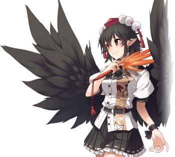 1girl artist_request bird_wings black_skirt black_wings breasts closed_mouth feathered_wings game_cg hat holding labyrinth_of_touhou_(series) labyrinth_of_touhou_2 leaf_print maple_leaf_print medium_breasts official_art pleated_skirt pointy_ears pom_pom_(clothes) puffy_short_sleeves puffy_sleeves red_eyes red_hat ribbon-trimmed_skirt ribbon_trim shameimaru_aya short_sleeves skirt smile solo third-party_source tokin_hat touhou transparent_background wings