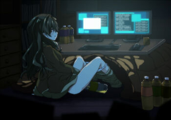 1girl aoiro8go bad_id bad_pixiv_id bottle brown_eyes brown_hair clothes_pull computer female_focus long_hair panties panty_pull pee pee_in_container peeing peeing_in_bottle piss_bottle shinomiya_himawari solo thighs underwear vividred_operation