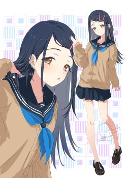 1girl absurdres adjusting_hair alternate_hair_color black_hair black_sailor_collar black_shoes black_skirt blue_neckerchief blush breasts brown_cardigan cardigan closed_mouth commentary_request ear_piercing earrings fingernails flipped_hair full_body gakuen_idolmaster hair_ornament hairclip hand_in_own_hair hand_up highres idolmaster jewelry loafers long_hair looking_at_viewer miniskirt multiple_views nail_polish neckerchief nokino_shida orange_eyes parallel_hairclips parted_lips piercing pink_nails pleated_skirt sailor_collar shinosawa_hiro shoes signature skirt sleeves_past_wrists small_breasts smile socks swept_bangs twitter_username upper_body v white_socks