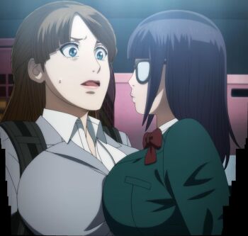 2girls anime_screenshot bow breast_focus breast_press breasts cleavage closed_mouth disguise face-to-face glasses highres indoors large_breasts lips long_hair looking_at_another multiple_girls okada_yuriko open_mouth parted_lips red_bow ryona standing stitched surprised sweat third-party_edit toujima_tanzaburou_wa_kamen_rider_ni_naritai twintails upper_body yukarisu