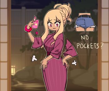 1girl absurdres afterimage blonde_hair breasts cellphone centurii-chan closed_mouth commentary cowboy_shot double-parted_bangs english_commentary english_text frown gyaru gyaru_landsknecht_(centurii-chan) hair_bun highres holding holding_phone japanese_clothes kimono long_hair long_sleeves looking_down medium_breasts multiple_views original phone pink_eyes pink_kimono puff_of_air raised_inner_eyebrows single_hair_bun smartphone solo_focus standing wavy_mouth yukata