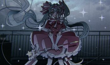 1girl back_bow blue_eyes bow bow_hairband chest_bow chromatic_aberration cloud cloudy_sky commentary cowboy_shot crying crying_with_eyes_open danjou_sora dress elbow_gloves eyes_visible_through_hair fence film_grain floating_hair frilled_dress frilled_sleeves frills gloves grey_sky hair_between_eyes hair_bow hair_intakes hairband hatsune_miku highres holding holding_wand imasugu_rinne_(vocaloid) long_hair looking_at_viewer magical_girl multicolored_eyes on_roof outdoors overcast pink_bow pink_dress pink_eyes pink_hairband puffy_short_sleeves puffy_sleeves rain rooftop short_sleeves sky smile solo sparkle standing standing_on_roof star-shaped_pupils star_(symbol) star_wand striped_bow symbol-shaped_pupils tears twintails two-tone_eyes very_long_hair vocaloid wand white_gloves yellow_pupils