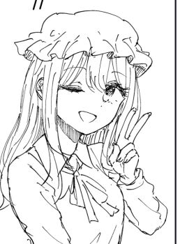 Rule 34 | 1girl, :d, blonde hair, collared dress, commentary, dress, hair between eyes, hat, kashiwada kiiho, long hair, long sleeves, looking at viewer, maribel hearn, mob cap, neck ribbon, one eye closed, open mouth, ribbon, smile, untranslatable commentary, touhou, unfinished, v, white hat