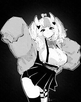1girl absurdres ahoge arched_back black_background bow bowtie breasts closed_mouth cowboy_shot demon_girl demon_horns greyscale hair_ornament hatching_(texture) heart heart_ahoge heart_hair_ornament highres horns indie_virtual_youtuber ironmouse large_breasts linear_hatching long_sleeves looking_at_viewer medium_hair miniskirt miregeist monochrome multicolored_hair parted_bangs shirt skirt solo streaked_hair suspender_skirt suspenders thigh_strap virtual_youtuber white_background