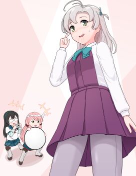 3girls akashi_(kancolle) black_hair blue_skirt blunt_tresses blush boots bow bowtie brown_legwear camera clothing_cutout cosplay geometrie glasses green_eyes hachimaki hair_ornament hair_ribbon hairclip headband highres hip_vent holding holding_camera kantai_collection kinugasa_(kancolle) lace-up_boots long_hair long_sleeves multiple_girls nejiri_hachimaki one_side_up ooyodo_(kancolle) opaque_glasses open_mouth pantyhose pink_hair pleated_skirt purple_legwear ribbon school_uniform serafuku shirt skirt solo_focus thighhighs tress_ribbon white_shirt yuugumo_(kancolle) yuugumo_(kancolle)_(cosplay)