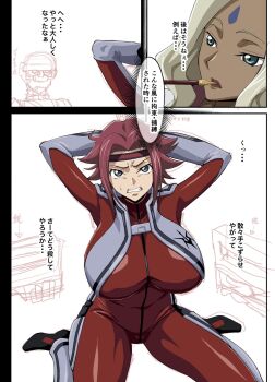 2girls arms_behind_head blonde_hair blue_eyes bodysuit breasts check_translation code_geass dark-skinned_female dark_skin facial_mark forehead_mark headband highres indian iwao178 japanese_text kouzuki_kallen large_breasts multiple_girls parted_bangs rakshata_chawla red_bodysuit red_hair red_headband smoking_pipe teeth thighs translated translation_request