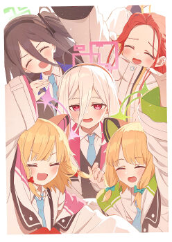 5girls ^_^ absurdres aris_(blue_archive) black_hair blonde_hair blue_archive blue_necktie blush border bow closed_eyes commentary_request forehead game_development_department_(blue_archive) green_bow hair_between_eyes hair_bow halo highres jacket kei_(blue_archive) kei_(new_body)_(blue_archive) long_hair_between_eyes looking_at_viewer midori_(blue_archive) momoi_(blue_archive) multiple_girls necktie red_bow ringed_eyes shirt siblings sidelocks sisters smile sweatdrop tamago_sando twins white_border white_hair white_jacket white_shirt yuzu_(blue_archive)