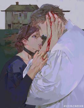 1boy 1girl absurdres blood blood_in_hair blood_on_hands brown_hair cabin choker daphne_(mgong520) highres holding_another's_arm husband_and_wife injury looking_at_another makeup mgong520 original runny_makeup salvatore_(mgong520) shirt upper_body watermark weibo_username weibo_watermark white_shirt worried