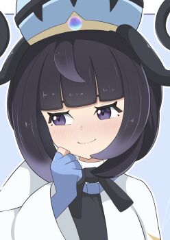 1girl black_dress black_hair blue_gloves blunt_bangs blush bob_cut clenched_hand closed_mouth dress gloves gwynn_(pokemon) highres long_sleeves looking_to_the_side nintendo oronamin_poke partially_fingerless_gloves pokemon pokemon_legends:_z-a purple_eyes short_hair smile solo upper_body