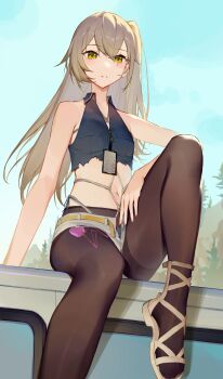 1girl absurdres bdsm black_pantyhose blush bondage bound brown_hair brown_sandals brown_socks car crop_top crotch_rope flat_chest girls'_frontline girls'_frontline_2:_exilium gladiator_sandals heckler_&amp;_koch highleg highleg_panties highres id_card leva_(girls'_frontline_2) long_hair looking_at_viewer midriff motor_vehicle navel object_insertion official_alternate_costume on_car one_side_up panties pantyhose remote_control_vibrator ren_huozhe sandals scar scar_across_eye scar_on_face second-party_source sex_toy shibari shibari_under_clothes short_shorts shorts side-tie_panties sitting smile socks solo string_panties thighband_pantyhose thong torn_clothes trigger_discipline ump45_(girls'_frontline) underwear vaginal vaginal_object_insertion vibrator vibrator_cord vibrator_under_clothes yellow_eyes