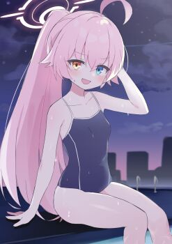 1girl :d ahoge alternate_costume arm_behind_head arm_up bare_legs bare_shoulders blue_archive blue_eyes blue_one-piece_swimsuit blush breasts carrotswordd cloud dot_nose fang feet_in_water feet_out_of_frame hair_between_eyes halo heterochromia highres hoshino_(blue_archive) huge_ahoge loli long_hair looking_at_viewer night on_ground one-piece_swimsuit open_mouth pink_hair pink_halo ponytail pool pool_ladder poolside school_swimsuit sky small_breasts smile solo sweatdrop swimsuit thighs very_long_hair wet yellow_eyes