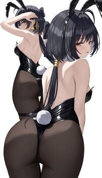 1girl :p absurdres alternate_costume animal_ear_hairband animal_ears ass back bare_shoulders black_bow black_hair black_leotard black_pantyhose blush bow breasts earrings fake_animal_ears fake_tail female_rover_(wuthering_waves) from_behind hair_bow hairband highres jewelry kurone_(kurone_ryuo) large_breasts leotard long_hair looking_at_viewer looking_back low_ponytail median_furrow multiple_views pantyhose playboy_bunny ponytail rabbit_ear_hairband rabbit_ears rabbit_tail rover_(wuthering_waves) shoulder_blades simple_background strapless strapless_leotard tail thigh_gap tongue tongue_out triangle_earrings white_background wuthering_waves yellow_eyes