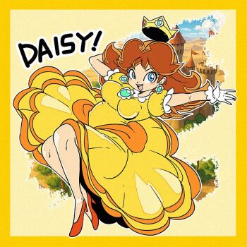 1girl ball_gown blue_eyes brooch brown_hair character_name crown dress earrings flipped_hair flower_brooch flower_earrings frilled_gloves frills gloves gold_crown high_heels jewelry mario_(series) medium_hair meijin_okd nintendo no_socks open_mouth orange_dress orange_shoes parted_bangs pointed_crown princess_daisy puffy_short_sleeves puffy_sleeves shoes short_sleeves solo white_gloves yellow_dress