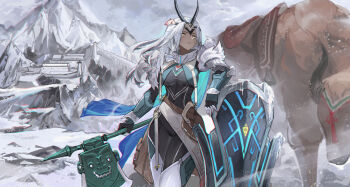 1girl absurdres black_bodysuit black_gloves bodysuit breasts chinese_commentary commentary_request cowboy_shot dark-skinned_female dark_skin fur_trim gloves highres holding holding_polearm holding_weapon horse ice medium_breasts mountainous_horizon original polearm shield snow solo weapon white_hair yellow_eyes youlan