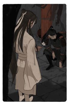 2boys ^_^ armor black_hanfu boots border bracer brown_hair chinese_armor chinese_clothes closed_eyes dark flower from_behind grey_sky hair_bun hanfu high_ponytail highres holding holding_flower hua_cheng kneeling long_hair male_focus multiple_boys night official_art outdoors ponytail rounded_corners shadow single_hair_bun sky smile spoilers standing star_(sky) starry_sky tianguan_cifu white_boots white_border white_flower white_mask wide_sleeves wu_ming xie_lian yaroslava_murashko