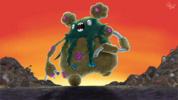 absurdres artist_name closed_eyes commentary dentedbrain english_commentary full_body garbodor gen_5_pokemon happy highres nintendo no_humans open_mouth orange_sky pokemon pokemon_(creature) pokemon_focus sharp_teeth sky solo teeth trash