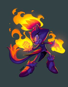 1girl angry animal_ears bad_id bad_tumblr_id blaze_the_cat boots burning cat_ears cat_girl cat_tail clenched_hand commentary commission english_commentary eyelashes fang fire forehead_jewel fur-trimmed_boots fur-trimmed_gloves fur_trim furry furry_female gloves gold_necklace highres jewelry necklace ponytail pyrokinesis simple_background solo sonic_(series) starrjoy tail yellow_eyes