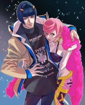 1boy 1girl arm_around_waist balenciaga black_hair blue_eyes blunt_bangs breasts bruno_bucciarati byon cleavage coat coat_on_shoulders crop_top fur_coat groin hair_ornament hand_on_another&#039;s_hip hand_on_another&#039;s_shoulder hand_on_own_hip jacket jojo_no_kimyou_na_bouken long_sleeves medium_breasts nail_polish pink_hair product_placement short_hair skirt trish_una vento_aureo