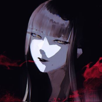 Rule 34 | 1girl, black background, black hair, black lips, blending, blunt bangs, commentary request, final fantasy, final fantasy xiv, highres, hyur, long hair, looking at viewer, mole, mole under mouth, portrait, senoura korafu, signature, solo, yellow eyes, yotsuyu goe brutus
