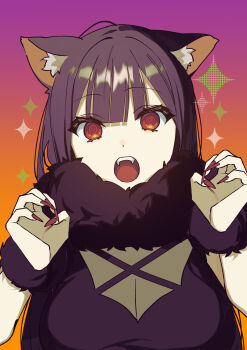 1girl absurdres animal_ear_fluff animal_ears black_hair black_shirt chihara_mai commentary_request fur_trim fur_wrist_cuffs gradient_background halloween hands_up highres jirai_nan_desu_ka?_chihara-san kemonomimi_mode looking_at_viewer open_mouth red_eyes red_nails ryon_(ryonhei) second-party_source shirt solo sparkle_background teeth upper_body upper_teeth_only werewolf_costume wolf_ears wolf_girl wrist_cuffs