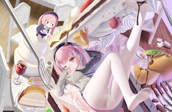 1girl absurdres breasts cake cake_slice character_doll doll feet food fork fruit hat highres legs long_hair long_sleeves looking_at_viewer lying mini_person minigirl no_shoes on_back one_eye_closed orange_(fruit) original pantyhose pink_hair purple_eyes purple_hair ribbon smile soles solo strawberry toes twintails virtual_youtuber white_pantyhose xi_yang_yang