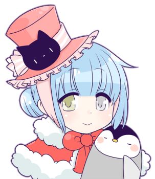 1girl bird blue_hair blush bow bowtie cape cat_hat_ornament closed_mouth commentary_request double_bun frilled_hat frills fur-trimmed_cape fur_trim grey_eyes hair_bun hat heterochromia iyofika looking_at_viewer official_alternate_costume penguin pink_hat ragnarok_online red_bow red_bowtie red_cape short_hair simple_background smile solo warlock_(ragnarok_online) white_background yellow_eyes