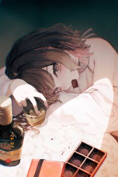 1girl @_@ absurdres blush brown_eyes brown_hair chocolate commentary_request cup dated drinking_glass head_on_arm highres holding holding_cup indoors leaning_on_table looking_at_viewer medium_hair off_shoulder original shirt single_bare_shoulder solo suzukano_pon table upper_body whisky_glass white_shirt