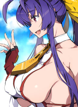 antenna_hair backless_shirt bare_shoulders blazblue blue_hair blue_sky bow breasts cloud cloudy_sky commentary_request covered_erect_nipples fingerless_gloves from_side gloves hair_bow halterneck hand_up highres huge_breasts long_hair long_sidelocks mai_natsume open_mouth pink_eyes ponytail red_gloves red_trim revealing_clothes shirt sideboob sidelocks sky smile touniyuu upper_body white_shirt yellow_bow