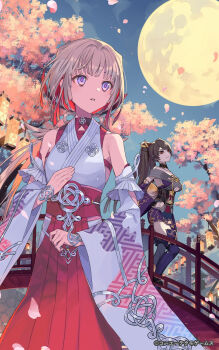 2girls atelier_(series) atelier_resleriana black_hair bridge cherry_blossoms chitose_(atelier) commentary_request copyright_notice detached_sleeves full_moon gin_(oyoyo) grey_hair hakama hakama_skirt hand_on_own_chest hand_on_own_hip highres japanese_clothes kaburaya_(atelier) lantern long_hair long_sleeves looking_to_the_side moon multiple_girls night official_art outdoors petals ponytail purple_eyes red_hakama second-party_source skirt sky standing translation_request tree wide_sleeves