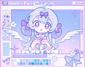 1girl ahoge animated animated_gif blush bow color_guide commission dot_nose feathered_wings flower gem hair_between_eyes hair_bow hair_ornament happy highres long_hair looking_at_viewer mihuashi_commission original purple_bow purple_eyes purple_gem purple_hair purple_theme renzhi00334233 sidelocks solo upper_body watermark white_flower white_wings window_(computing) wings