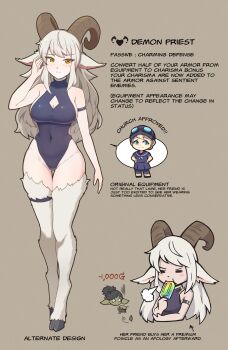 2girls absurdres animal_ears annoyed aqua_eyes arm_up before_and_after black_hair blonde_hair blue_pants blue_swim_cap blush breasts brown_background chibi cleavage cleavage_cutout closed_eyes clothing_cutout commentary covered_groin covered_navel crying crying_with_eyes_open demon_priest_lyn embarrassed english_commentary english_text female_goblin frown gluteal_fold goat_girl goat_horns goblin goggles goggles_on_headwear groin hair_bun highres hooves horizon horizontal_pupils horns leaf legband medium_breasts minette_(tenescross) money_bag monster_girl multiple_girls one-piece_swimsuit orange_eyes original pale_skin pants puff_of_air rainbow_food sailor_collar sailor_shirt shirt sideboob simple_background speech_bubble swimsuit tears tenescross white_fur white_hair wide_hips yellow_eyes