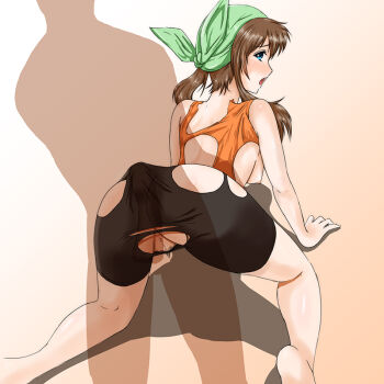 1boy 1girl :o all_fours arm_support artist_request ass back bandana bare_legs bare_shoulders barefoot bike_shorts blush breasts brown_hair buttjob doggystyle gradient_background green_bandana hetero huge_ass legs long_hair looking_at_viewer looking_back may_(pokemon) may_(pokemon_emerald) medium_breasts moaning nintendo open_mouth penis penis_under_another&#039;s_clothes pokemon pokemon_rse rubbing sex sex_from_behind shadow sideboob solo_focus tan_background torn_bike_shorts torn_clothes wide_hips