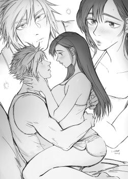 1boy 1girl alternate_costume artist_name bare_legs bare_shoulders blush breasts camisole closed_mouth cloud_strife commentary couple dated dolphin_shorts earrings feet_out_of_frame final_fantasy final_fantasy_vii final_fantasy_vii_remake from_side greyscale hair_behind_ear hetero hug jewelry large_breasts linono lips long_hair looking_at_another monochrome profile short_hair shorts sitting sitting_on_lap sitting_on_person sparkle spiked_hair sweat tank_top teardrop_earrings tifa_lockhart untranslatable_commentary