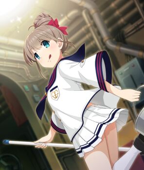 1girl :q anchor_symbol arch black_shoes blue_eyes blue_sailor_collar bow brown_hair bucket buttons ceiling_light dutch_angle from_side game_cg hair_bow hair_bun holding holding_bucket indoors industrial_pipe long_sleeves looking_at_viewer looking_to_the_side midriff_peek miniskirt official_art red_bow sailor sailor_collar sailor_shirt shirt shoes short_hair sidelocks single_hair_bun skirt socks solo sparkle standing standing_on_one_leg terashita_hoozuki third-party_source toji_no_miko toji_no_miko:_kizamishi_issen_no_tomoshibi tongue tongue_out white_shirt white_skirt white_socks wide_sleeves