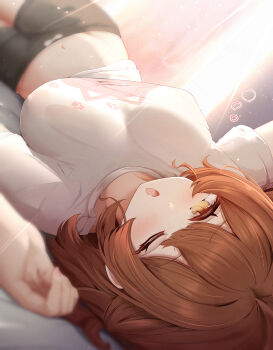 1girl absurdres black_shorts breasts brown_hair commentary_request gakuen_idolmaster hanami_ume highres idolmaster large_breasts long_hair lying navel on_back one_eye_closed open_mouth shirt short_sleeves shorts sky_cappuccino solo upside-down white_shirt yellow_eyes