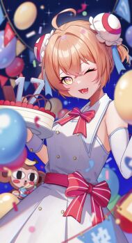 1girl ;d acfun acfun_girl anniversary bare_shoulders blue_background blue_ribbon blurry blurry_background bow bowtie bun_cover cake confetti coviet double_bun dress dress_bow elbow_gloves fang food gloves hair_bun hair_ribbon hands_up heart heart-shaped_pupils highres monkey number_candle one_eye_closed open_mouth orange_hair party_popper red_bow red_bowtie ribbon short_hair single_glove single_wrist_cuff skin_fang sleeveless sleeveless_dress smile solo sparkle string_of_flags symbol-shaped_pupils teeth too_many_balloons upper_body white_dress white_gloves wrist_cuffs yellow_eyes