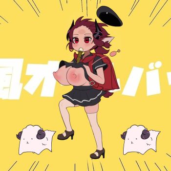 1girl animal_ears backpack bag black_shirt breasts clothes_lift creature crime_prevention_buzzer emphasis_lines enarane flute full_body goat goat-chan_(enarane) goat_ears goat_horns high_heels highres holding holding_instrument horns huge_breasts instrument kyoufuu_all_back_(vocaloid) mary_janes music neckerchief nipples oppai_loli original parody playing_instrument puffy_nipples randoseru recorder red_bag red_eyes red_hair red_neckerchief sexually_suggestive shirt shirt_lift shoes short_sleeves skindentation solo standing thighhighs walking white_thighhighs yellow_background