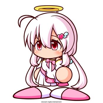 Rule 34 | 1girl, ahoge, amane karen, angel wings, artist request, bow, copyright notice, dress, dress bow, feather hair ornament, feathers, hair ornament, halo, heart, heart hair ornament, jikkyou powerful pro yakyuu, jikkyou powerful pro yakyuu (style), long hair, low twintails, multicolored dress, official art, pink bow, pink dress, pink hair, power pro appli, rayman limbs, red eyes, solo, traditional halo, twintails, white dress, white wings, wings, yellow trim