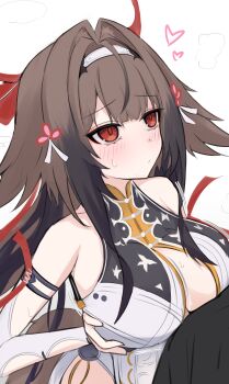 1boy 1girl absurdres acht_ao armlet bare_shoulders blush breasts brown_hair brown_tail china_dress chinese_clothes closed_mouth clover clover_hair_ornament collarbone commentary_request dress droopy_ears grabbing_own_breast hair_intakes hair_ornament hairband heart highres jewelry large_breasts long_hair motion_lines paid_reward_available paizuri paizuri_under_clothes penis red_eyes silver_armlet simple_background steam sweat tail upper_body white_background white_dress white_hairband ye_shunguang zenless_zone_zero