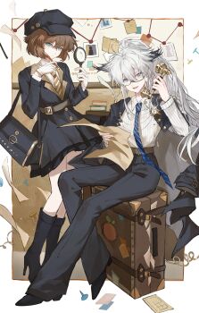 Rule 34 | 2girls, absurdres, alternate costume, arknights, artist request, belt, black boots, black dress, black hat, black jacket, black pants, blue eyes, blue necktie, book, book stack, boots, brown hair, chinese commentary, closed mouth, collared shirt, commentary request, commission, corded phone, crossover, detective, dress, evidence board, full body, glasses, grey hair, haibara ai, hair between eyes, hat, high heel boots, high heels, highres, holding, holding magnifying glass, holding paper, holding pencil, holding phone, jacket, lappland (arknights), long hair, long sleeves, looking at viewer, magnifying glass, meitantei conan, multiple girls, necktie, newsboy cap, open mouth, pants, paper, pencil, phone, ponytail, second-party source, shirt, short hair, sitting, smile, standing, suitcase, white shirt