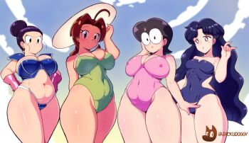 4girls absurdres ahoge bare_legs bishoujo_senshi_sailor_moon black_hair breasts brown_hair cameltoe chi-chi_(dragon_ball) covered_erect_nipples crossover delia_ketchum doraemon dragon_ball dragonball_z hair_bun hat highres huge_breasts jackudoggy long_hair mature_female medium_breasts multiple_crossover multiple_girls nintendo nobi_tamako one-piece_swimsuit plump pokemon pokemon_(anime) pokemon_(classic_anime) pokemon_ep018 self_cosplay single_hair_bun sun_hat swimsuit thighs trait_connection tsukino_ikuko very_long_hair wavy_hair