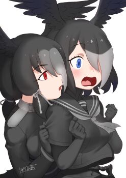 2girls absurdres black_serafuku black_wings blue_eyes blush clothes_grab commentary elbow_gloves gloves grabbing_another's_sleeve grey_eyes grey_neckerchief hair_over_one_eye head_wings highres jungle_crow_(kemono_friends) kemono_friends long_hair long_sleeves masuyama_ryou multicolored_hair multiple_girls neckerchief open_mouth red_eyes school_uniform serafuku short_hair short_sleeves simple_background tongue two-tone_hair white_background wings yatagarasu_(kemono_friends) yuri